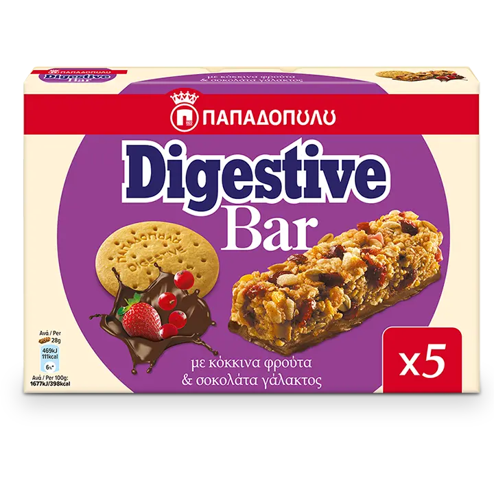 Digestive Bar med röda frukter och mjölkchokladöverdragen botten