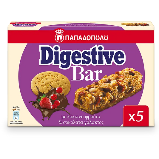 Digestive Bar med röda frukter och mjölkchokladöverdragen botten