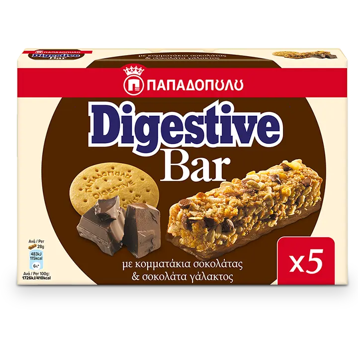 Digestive Bar med mjölkchokladbitar och mjölkchokladöverdragen botten